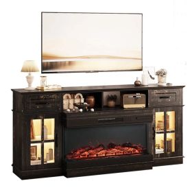 70-inch Black Gold Oak Electric Fireplace TV Stand - 2 Lattice Glass Doors, 2 Drawers & Shelf, Compatible With 36' 3-Sided Glass Insert