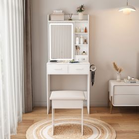 Small Makeup Vanity Desk with Mirror & Adjustable LED Lights,Built-in Power Outlet & Hidden Storage, Includes padded stool & Shelf