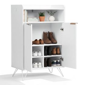 Shoe cabinet with grille panel, two doors, open top, and two hooks on the legs; particleboard cabinet body