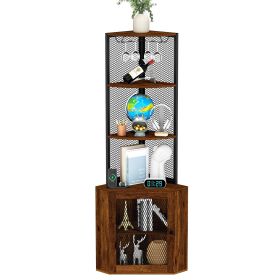 Corner Shelf with Doors, 65" Corner Cabinet & Wine Glass Rack, 6 Tier Bookshelf Display, Freestanding Corner Storage Stand
