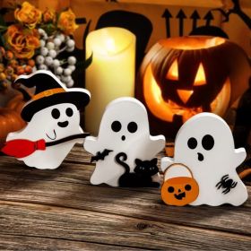 Cute Ghost Halloween Decorations Indoor, Wooden Tiered Tray Decor Table Sign Set Of 3, Black Cat Bat Witch Broom Signs Pumpkin Blocks For Party Ho (Option: defaulttitle)