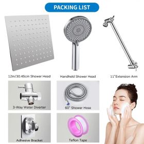 RV Shower Head, 12 Inch High Pressure Rain Shower Stainless Steel Shower Head with Handheld Shower Combo with 59 Inch Extra Long Hose (Color: silvery)